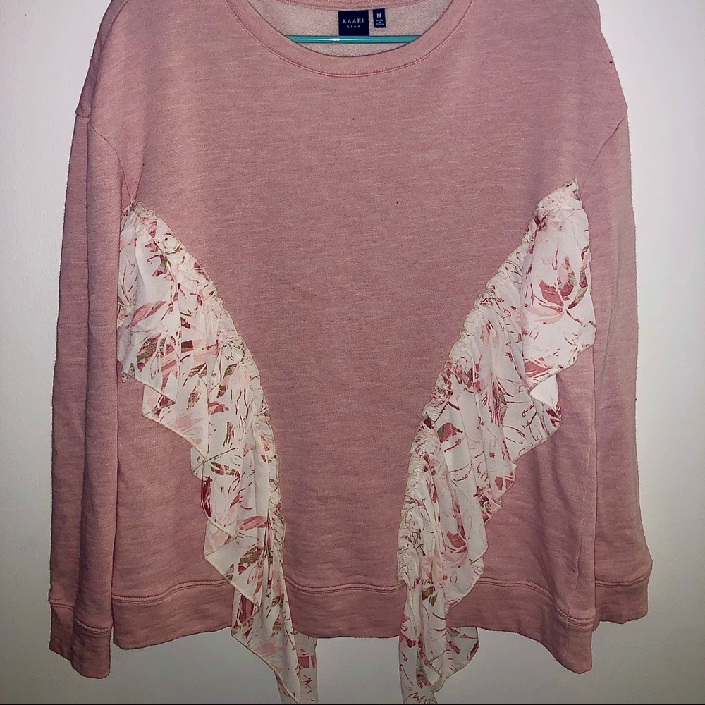 KAARI blue•Pink sweatshirt•Light, floral ruffle accents on front and back•M